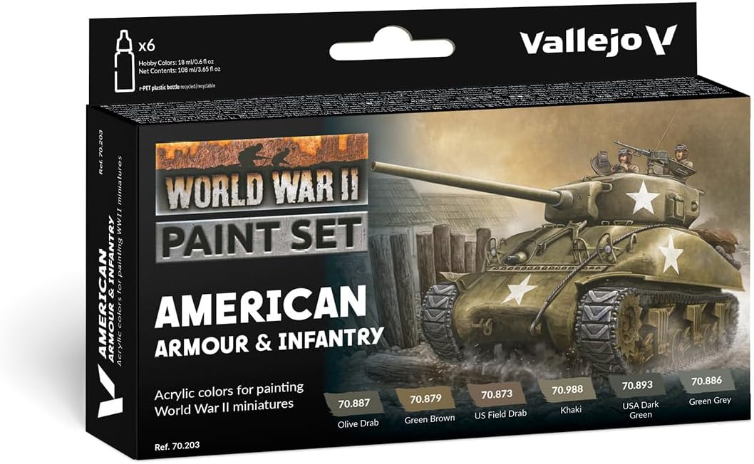 Vallejo - WWII American Armour & Infantry Model Color Paint Set | Historic US Military Shades | Brush & Airbrush Compatible Acrylic Colors | Pro Modeler Collection | 6 bottles x 18 ml. (0.6 fl.oz)