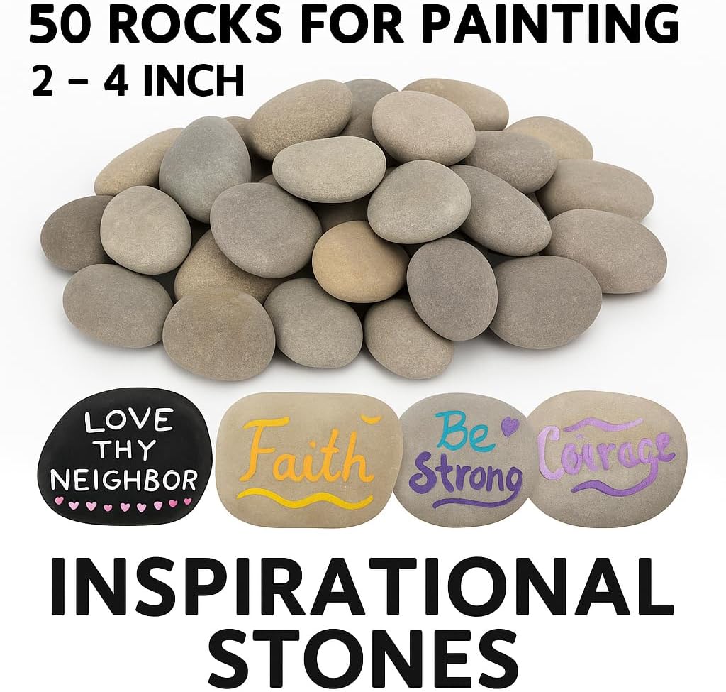 50 Smooth River Rocks for Painting – Flat Natural Stones, 2–4" Size, Bulk Pack of Craft Rocks for Arts, DIY Projects, Kindness Stones & Decor