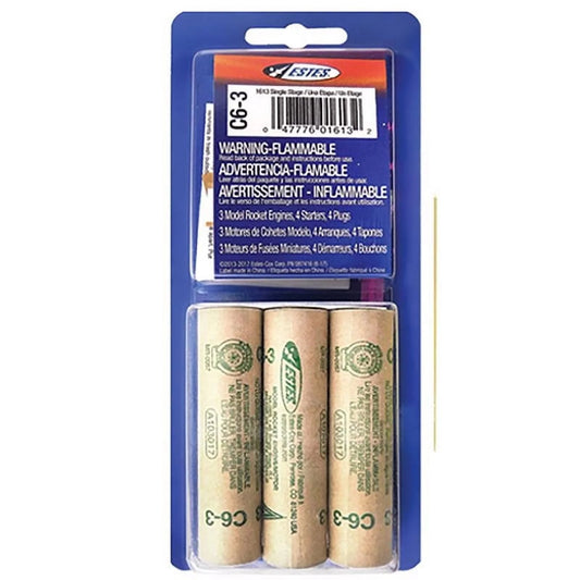 Estes C6-3 Model Rocket Engine Pack - Includes 3 Engines with Starters & Plugs